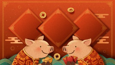 Birbirimizi bahar beyit arka planda, Çin yeni yılı afiş tebrik güzel kağıt sanat domuzcuk