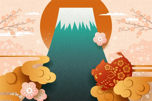 Ano Novo Japonês Com Javali Estilo Arte Papel Montanha Fuji — Vetor de Stock