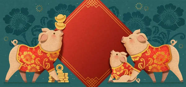 Indah Kertas Piggy Seni Yang Mengenakan Pakaian Tradisional Dengan Latar - Stok Vektor