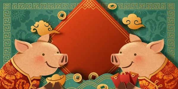 Adorável Papel Arte Piggy Cumprimentando Uns Aos Outros Fundo Turquesa — Vetor de Stock