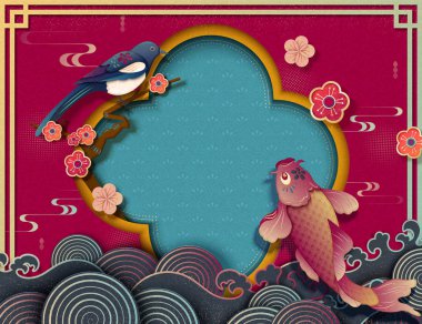 Çin yeni yılı şablonuyla koi carps ve pika pika kağıt sanat tarzı