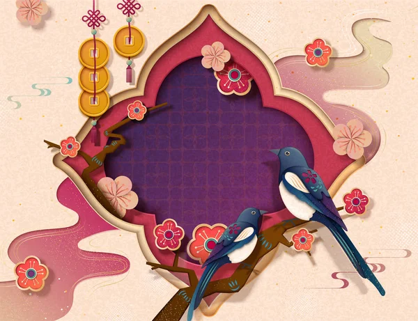 中国新年模板与皮卡和梅花在纸艺术风格 问候词的复制空间 — 图库矢量图片