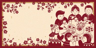 İç açıcı reunion akşam yemeği sırasında ay yeni yıl afiş, bej ve kırmızı renk tonu