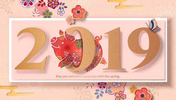 Lovely Floral Piggy Jumps Number 2019 Celebrate New Year Coming - Stok Vektor