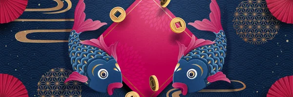 Lunar New Year Fisch Und Frühling Couplet Banner Design Fuchsia — Stockvektor