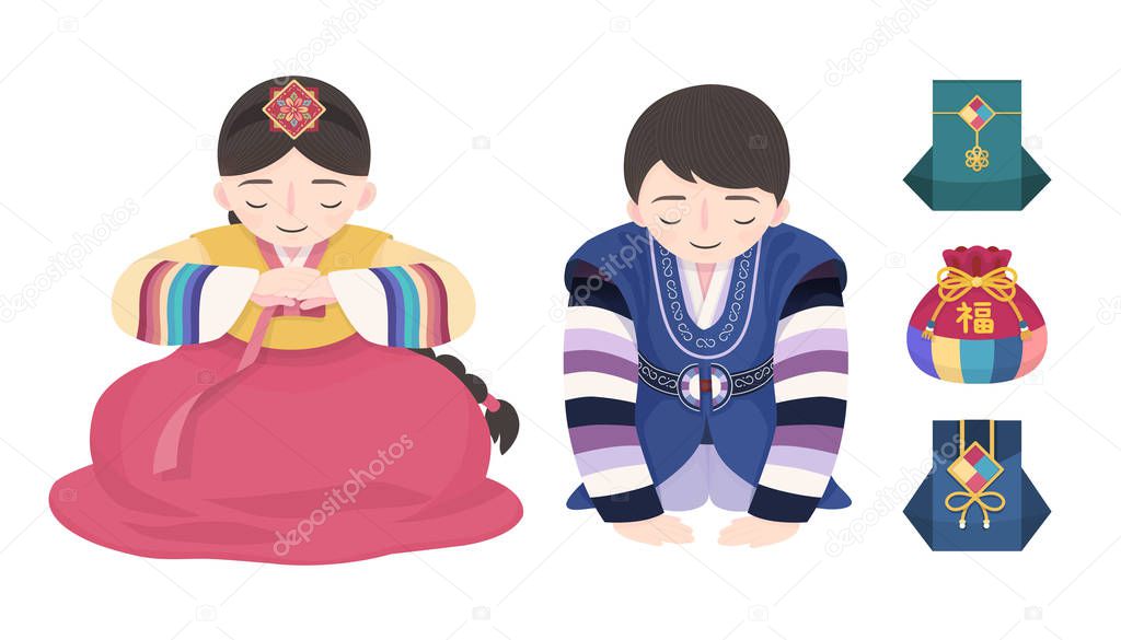 Korean new year custom hanbok and fortune bags design on white background, people doing new year's bow