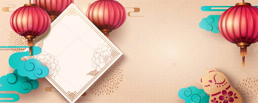 Lunar year banner design with spring couplet and pig in paper art, copy space for greeting words