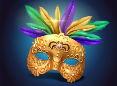 Mardi gras zarif altın maske tasarım 3d illüstrasyon renkli tüyler ile