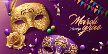 Mardi gras Karnavalı tasarım altın maskesi ve 3d resimde renkli bayrakları ile üstten görünüm