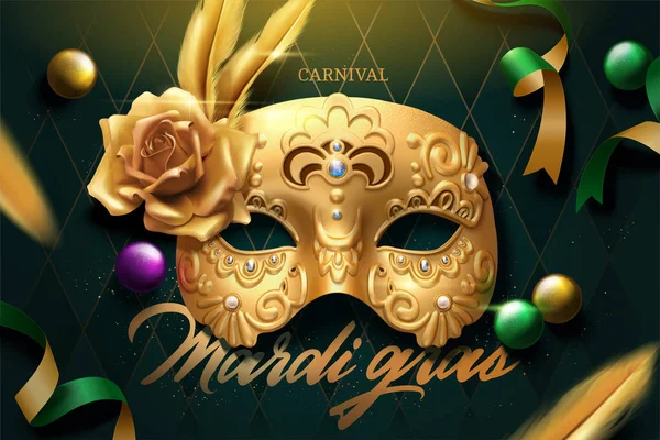 Mardi Gras Design Zlatou Masku Létající Stuhami Zelený Kosočtverec Pozadí — Stockový vektor