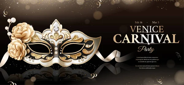 Banner Fiesta Carnaval Venecia Con Máscara Suntuosa Sobre Fondo Bokeh — Vector de stock