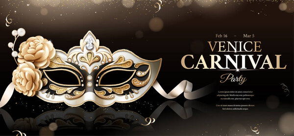 Venice carnival party banner with sumptuous mask on black bokeh background in 3d illustration