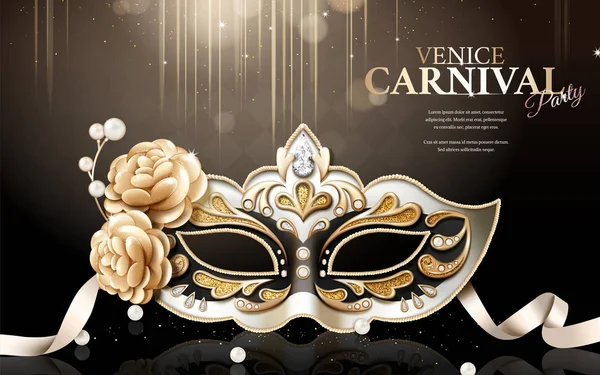华丽的威尼斯狂欢节派对面具与花卉和闪闪发光的装饰在黑色背景在3D — 图库矢量图片