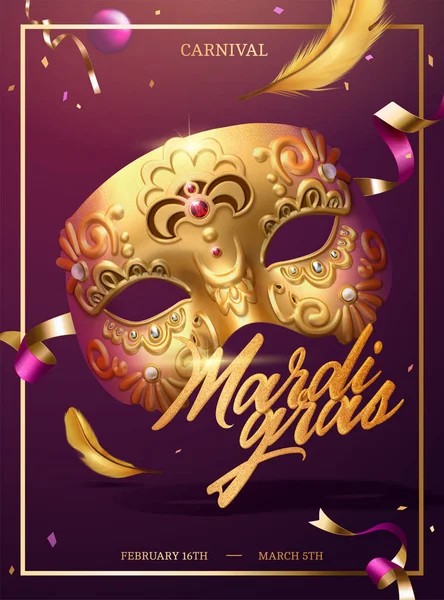 Mardi Gras Poster Golden Luxurious Mask Confetti Illustration — Stock Vector