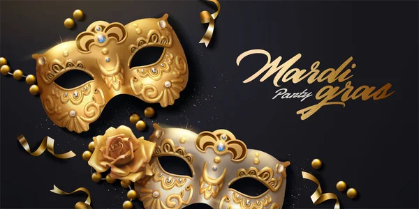 Mardi Gras Banner Zlaté Luxusní Masky Stuhami Ilustrace Pohled Shora — Stockový vektor