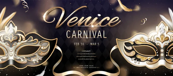 Venice Carnival Banner Design Beautiful Mask Illustration Bokeh Rhombus Background — Stockový vektor
