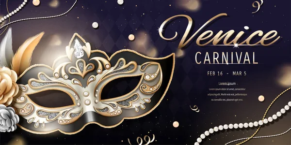Venice Carnival Banner Design Beautiful Mask Illustration Bokeh Rhombus Background — Stockový vektor