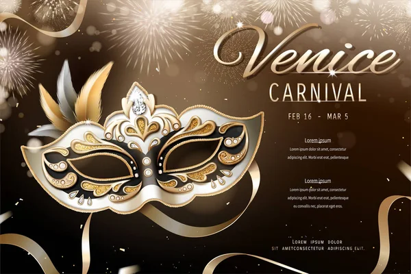 Venecia Diseño Carnaval Con Hermosa Máscara Ilustración Fuegos Artificiales Fondo — Vector de stock