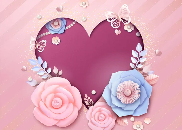 Romantische Hart Vormige Kaart Papier Bloemen Decoratie Illustratie — Stockvector