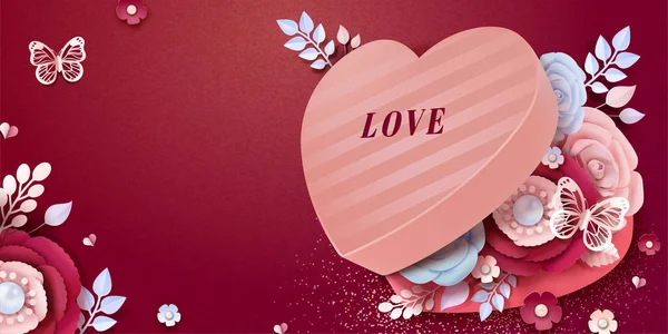 Happy Valentine Day Banner Ontwerp Hart Vormige Geschenkdoos Met Papieren — Stockvector
