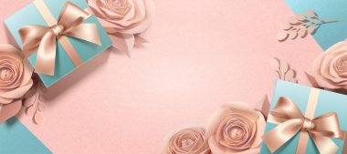 Açı, 3d çizim kağıt gül ve hediye kutuları üst başlığında görüntülemek