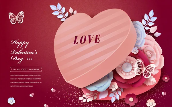 Happy Valentine Day Heart Shaped Gift Box Paper Flowers Decorations — стоковый вектор