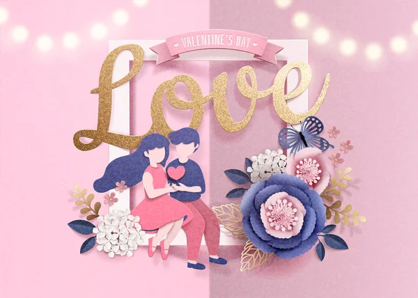 Buon San Valentino Con Incontri Coppia Cornice Fiori Carta Illustrazione — Vettoriale Stock