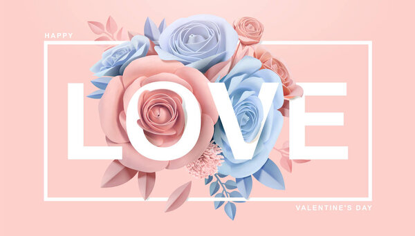 Happy Valentine 's Day with paper blossoms in 3d illustration
