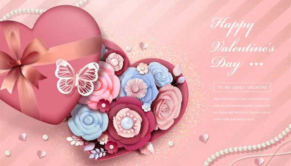 Happy Valentine Day Design Paper Flowers Heart Shaped Gift Box — Stock Vector
