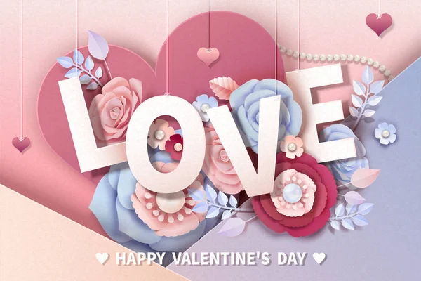 Happy Valentine Day Design Paper Flowers Hanging Love Words Illustration — стоковый вектор