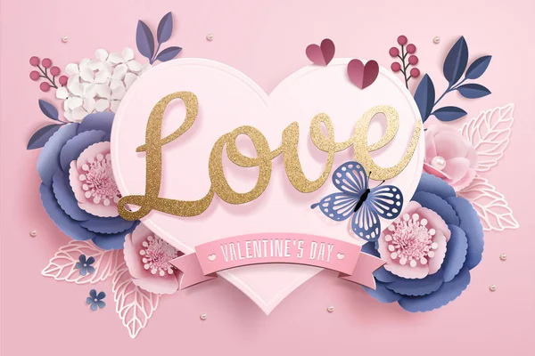 Saint Valentin Avec Carte Forme Coeur Papier Fleurs Sur Fond — Image vectorielle