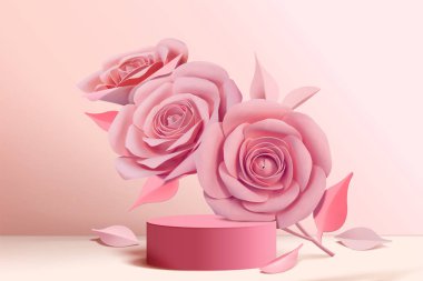 Zarif pembe kağıt çiçekler ve 3d çizim sütununda sahne