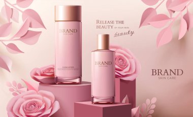 Cilt bakım sprey şişe reklamlarla 3d resimde sütun Pembe kağıt çiçekler