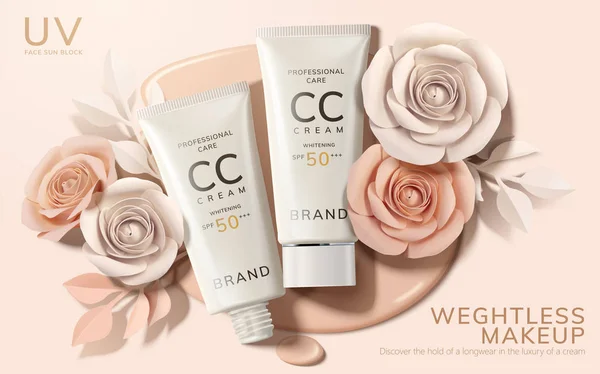 Skincare Crème Advertenties Met Papieren Bloemen Teint Vloeibare Achtergrond Illustratie — Stockvector