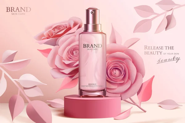 Huidverzorging Spray Fles Advertenties Met Roze Papieren Bloemen Kolom Illustratie — Stockvector