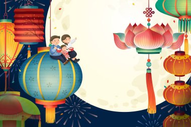 Lantern Festivali renkli geleneksel fenerler ve dolunay sahne, çok güzel el çizili stil