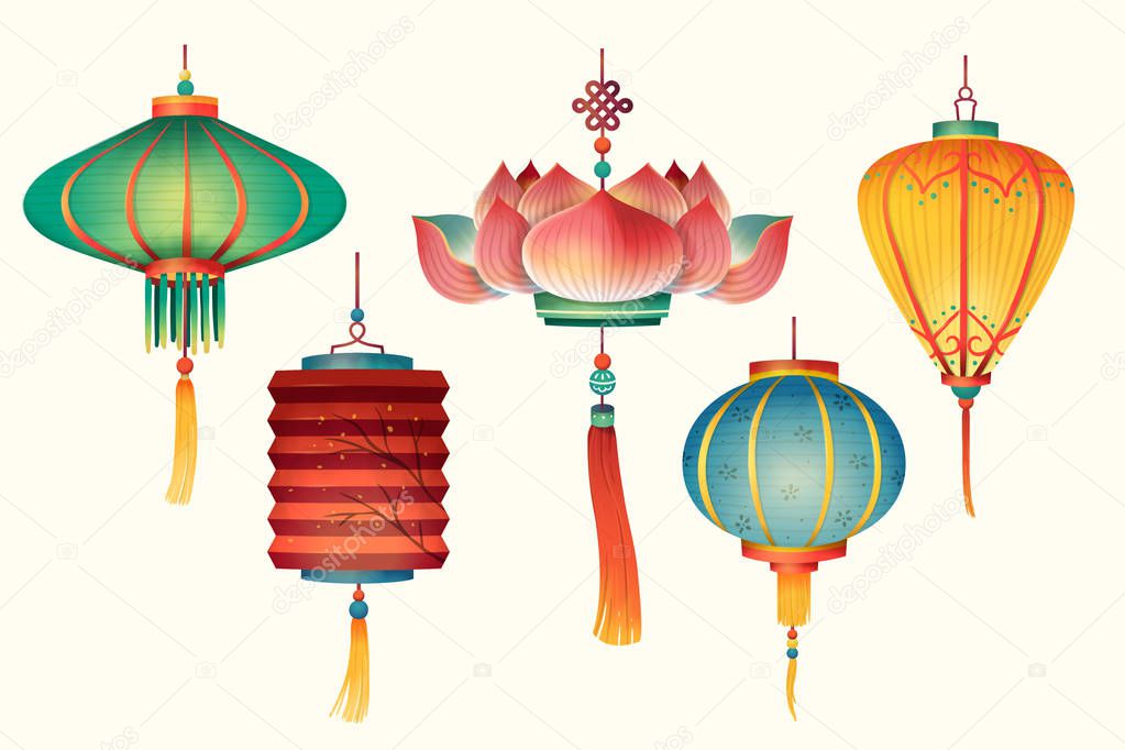 Traditional lanterns design in hand drawn style on light beige background