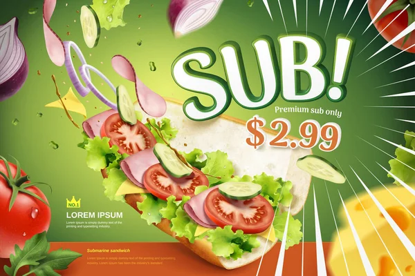 Submarine sandwich reklamy — Wektor stockowy