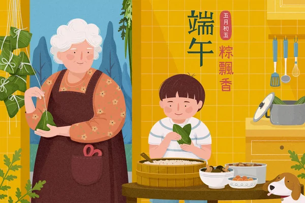 Abuela haciendo albóndigas de arroz — Vector de stock