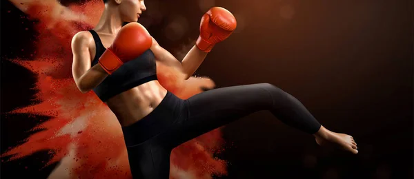 Female boxer kicks high — Stock Vector