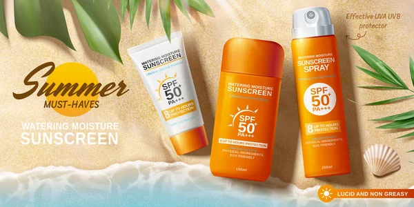 Anúncios de protetor solar na bela praia — Vetor de Stock
