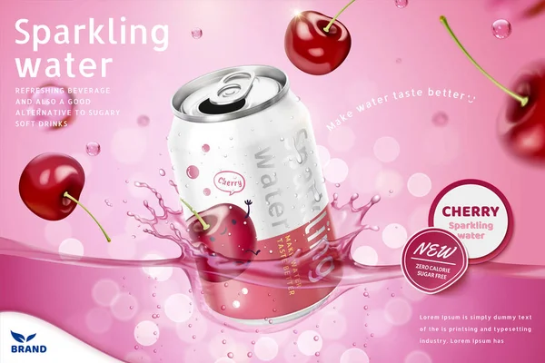 Cherry smak mousserande vatten annonser — Stock vektor