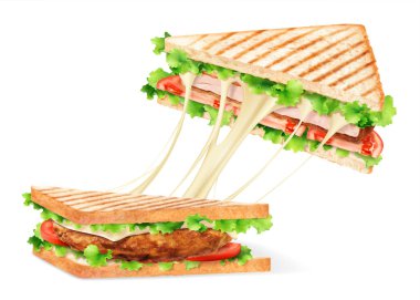 Beyaz arka plan üzerinde 3d illüstrasyon Stringy peynir tavuk sandviç