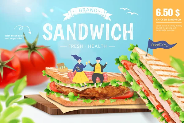 Annunci Sandwich Pollo Con Bella Coppia Sul Tagliere Illustrazione — Vettoriale Stock