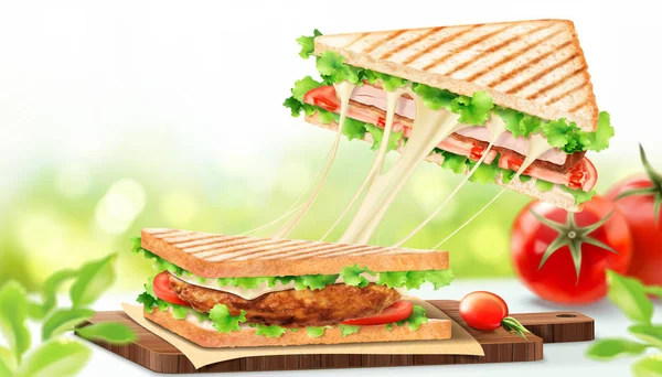 在散景自然背景的3D插图中 细腻的奶酪鸡三明治 — 图库矢量图片