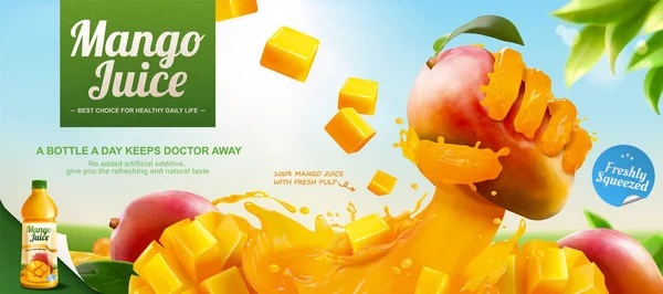 Annonces de jus de mangue avec main liquide — Image vectorielle