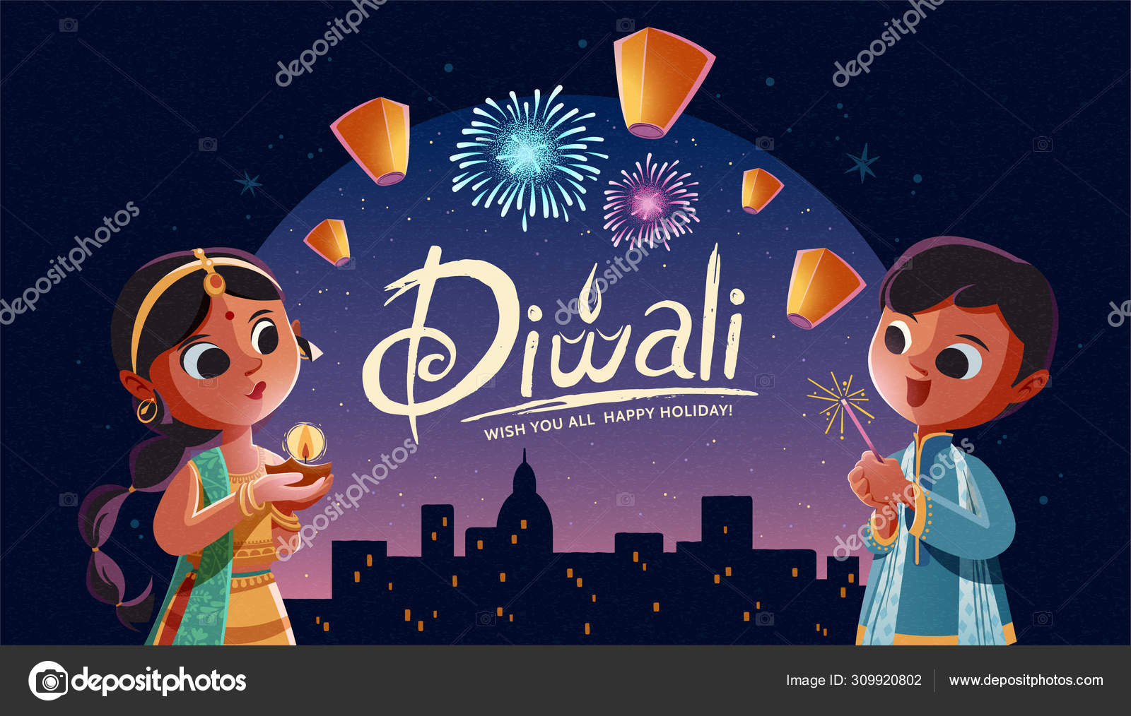 Diwali illustration with kids Stock Vector Image by ©HstrongART #309920802