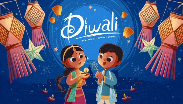 Diwali illustration with kids — Stock Vector