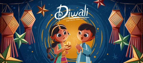 Diwali ilustrace s dětmi — Stockový vektor