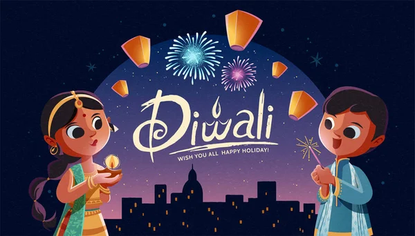 Diwali illustration with kids — Stock Vector